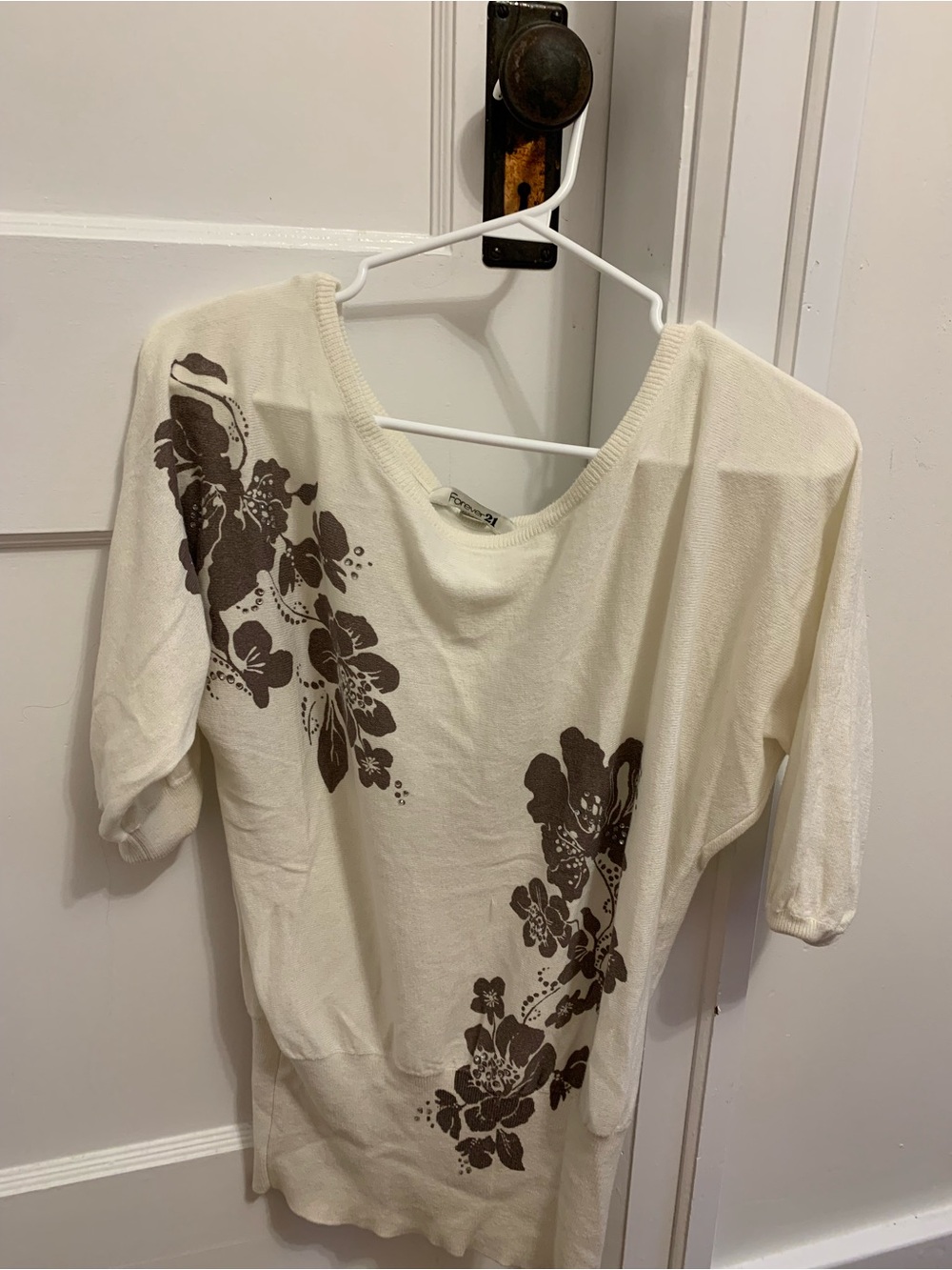 Forever 21 Cream Scoop Neck Top with Brown Floral Print